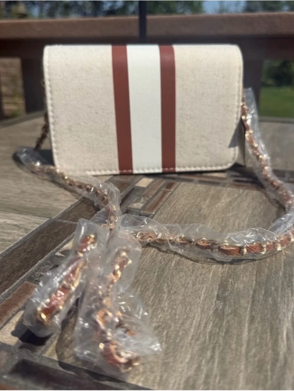 NWT Bebe Paisley Canvas Mini Flap Crossbody Bag Beige Tan and Cream Chain Strap